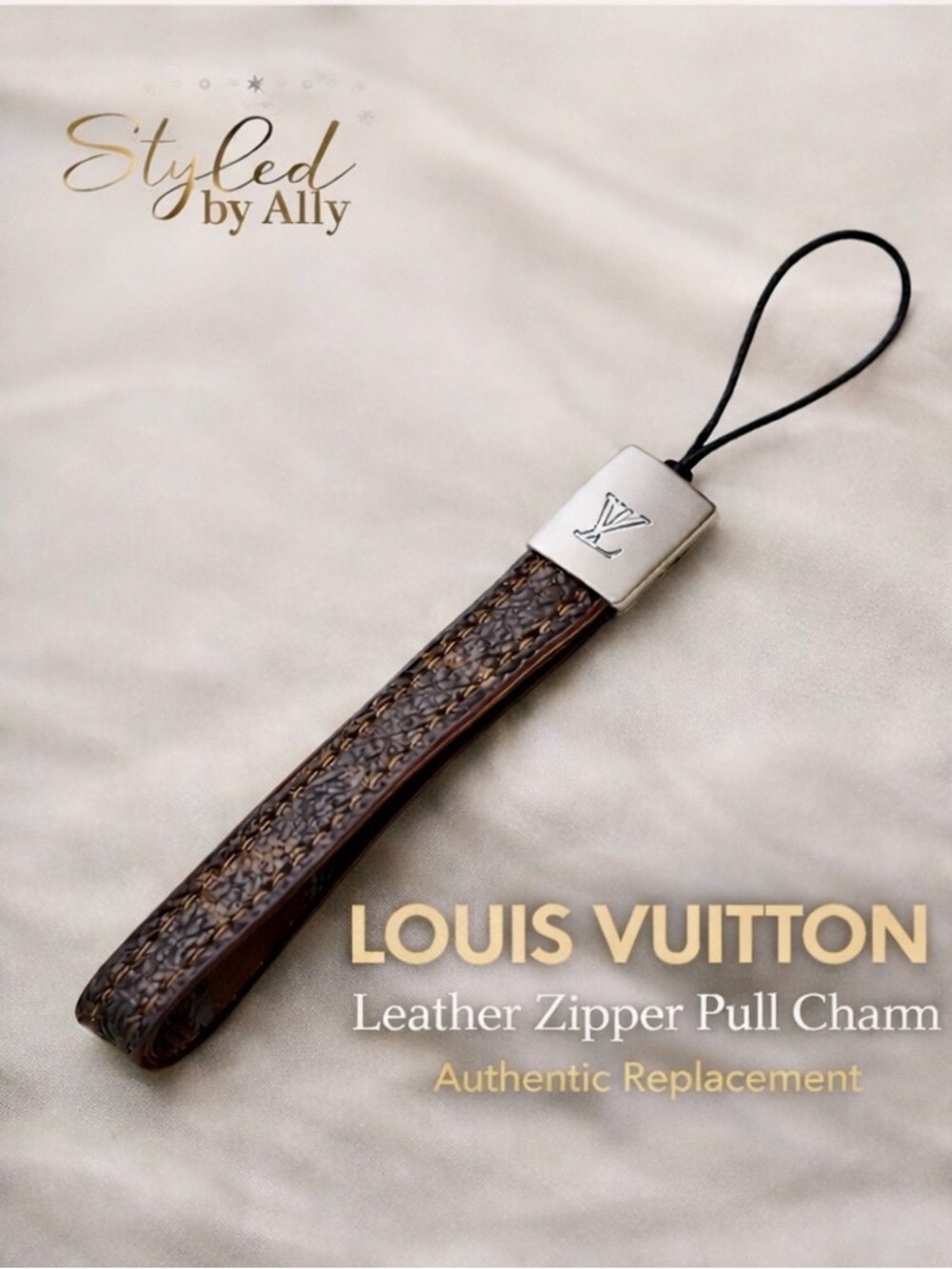 Louis Vuitton LV Logo Zipper Pull Tab Charm Brown Leather Authentic Replacement
